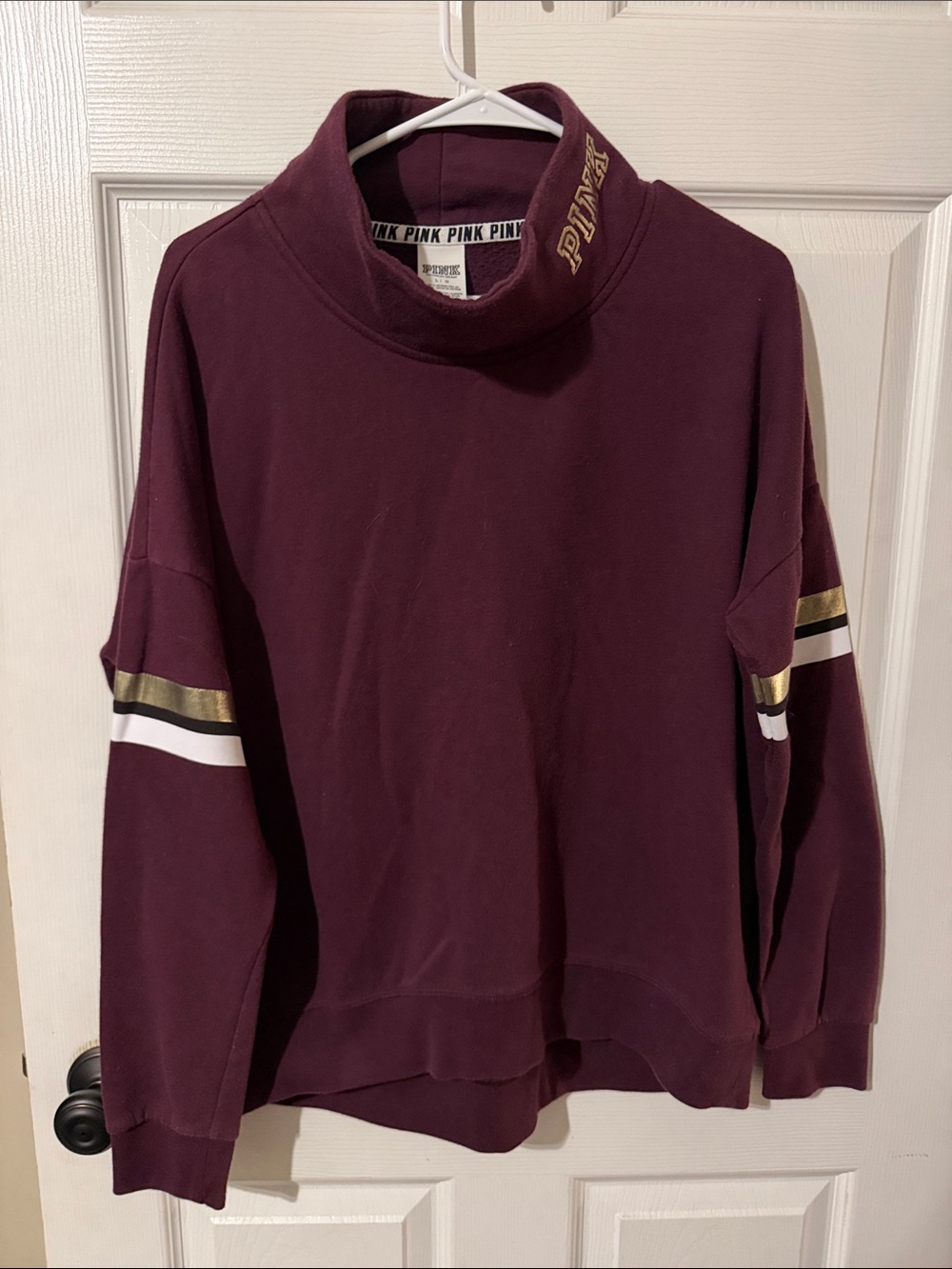 PINK Victoria's Secret Maroon Cowl Neck Sweatshirt with Gold & White Stripes